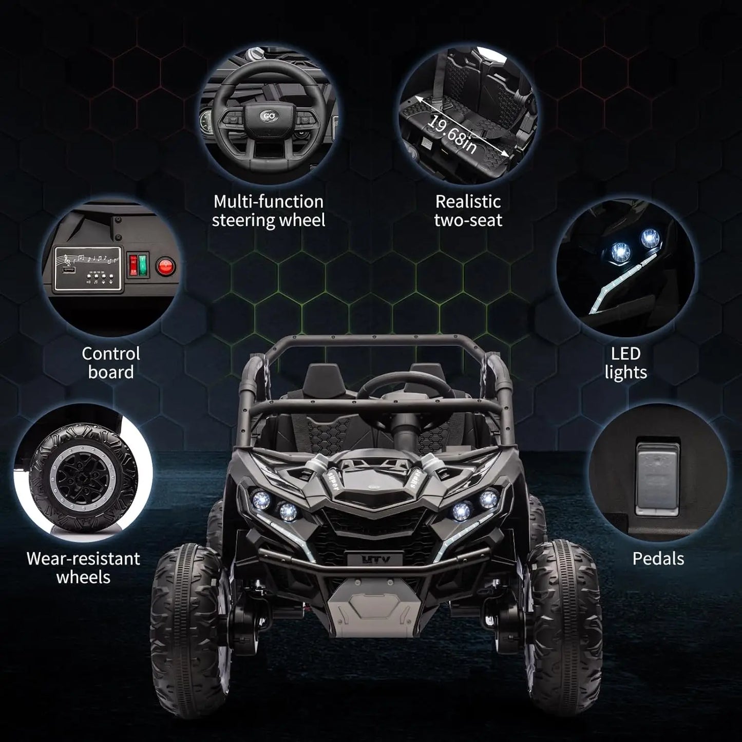 24V Ride On Car For Kids, 4WD Electric Vehicle With Remote Control, 2 Seater, LED Lights, Four-Wheel Shock Absorption, 3 Speeds