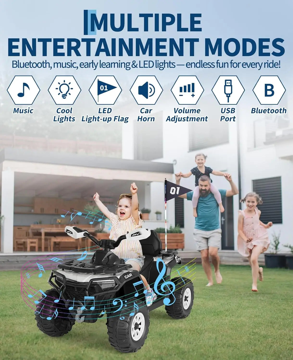 12V Kids Ride on Quad Car Toy with LED Lights, Music, Foot Pedal Wear-Resistant Wheels, Battery Powered Electric Vehicle Gifts