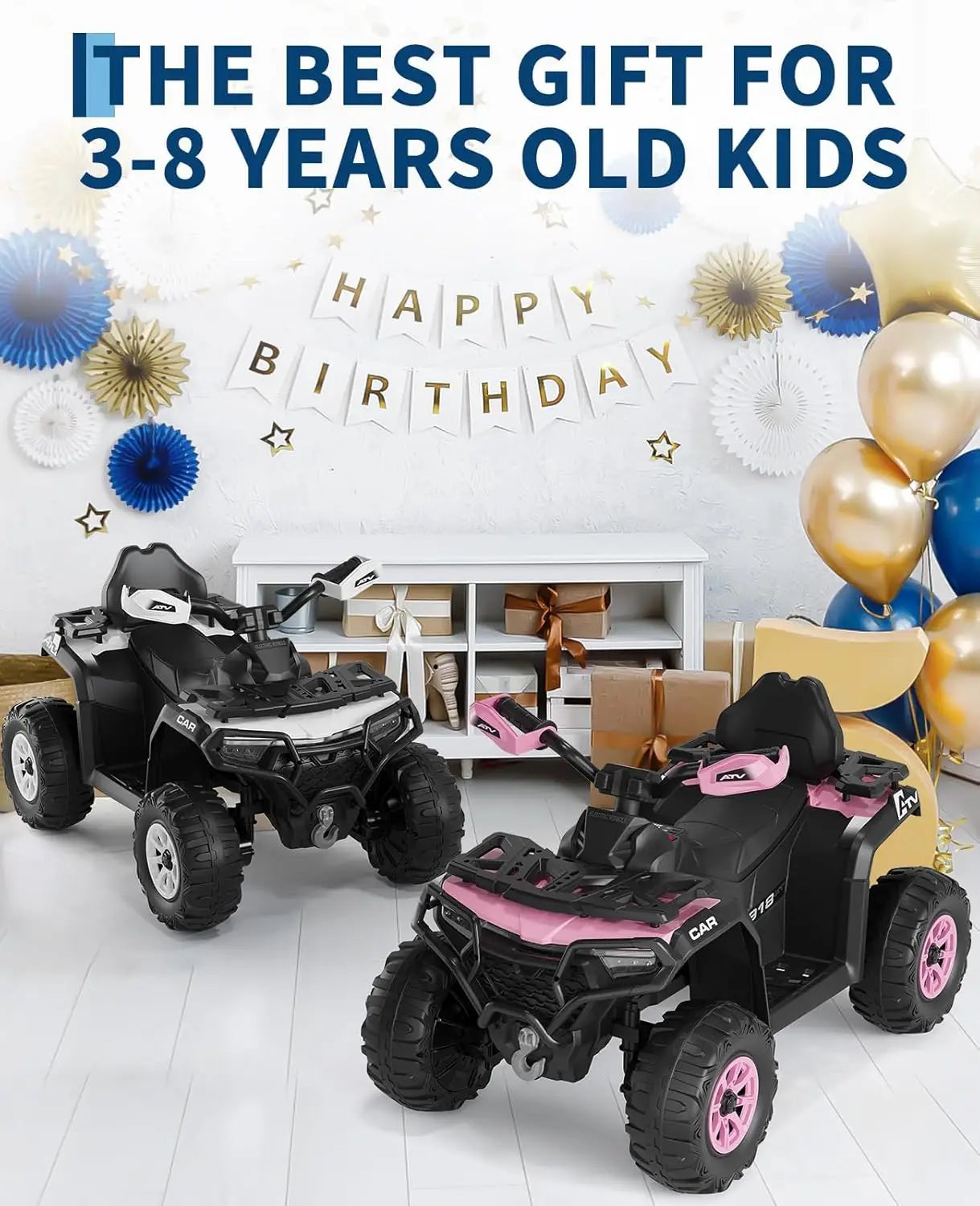 12V Kids Ride on Quad Car Toy with LED Lights, Music, Foot Pedal Wear-Resistant Wheels, Battery Powered Electric Vehicle Gifts